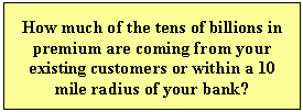Text Box: How much of the tens of billions in premium are coming from your existing customers or within a 10 mile radius of your bank?    